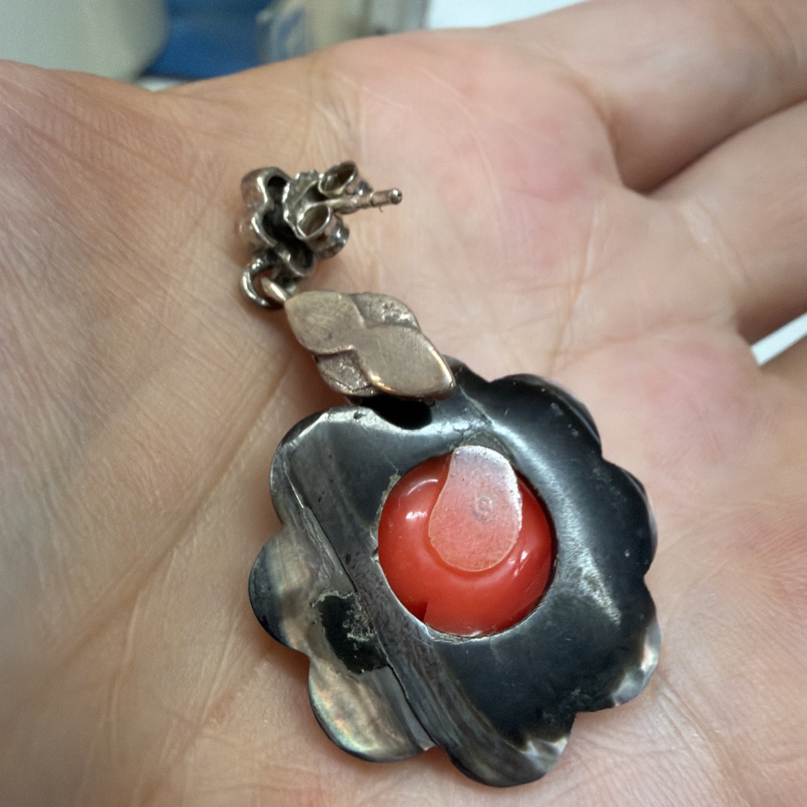 Sterling Silver Marcasite Carved Mother of Pearl Coral Rose Dangle Earrings