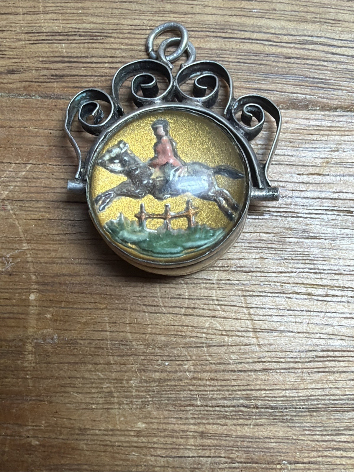 Antique Silver Reverse Glass Painting Equestrian Bloodstone Swivel Fob Pendant