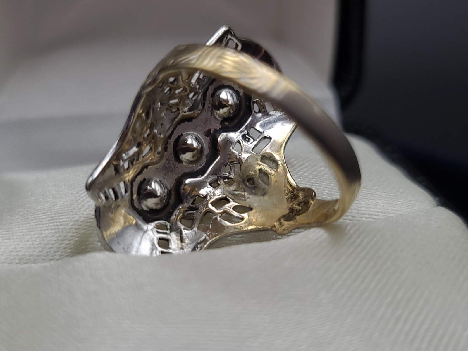 Vintage 14KT GE Art Deco Filigree Glass Stone Ring Size 6.5
