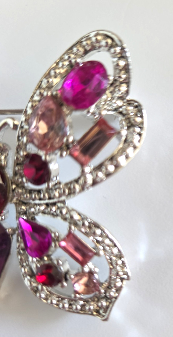 SilverTone Pink Purple Rhinestone GEM Sparkling Shimmering Butterfly Brooch Pin