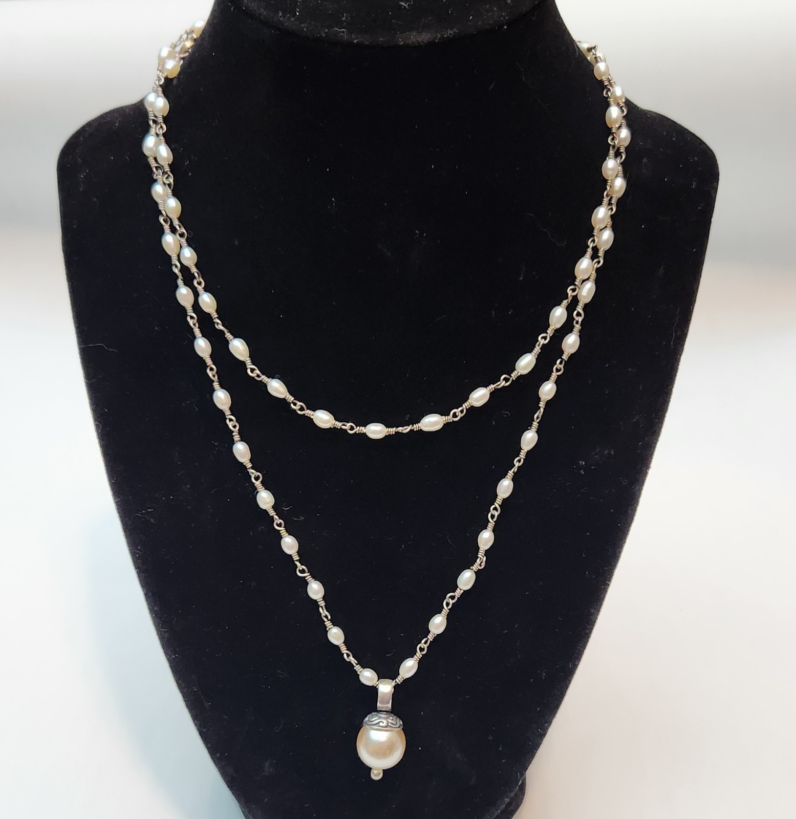 Vintage Sterling Silver 925 Fresh Water Pearl Rosary Style Drop Long Necklace