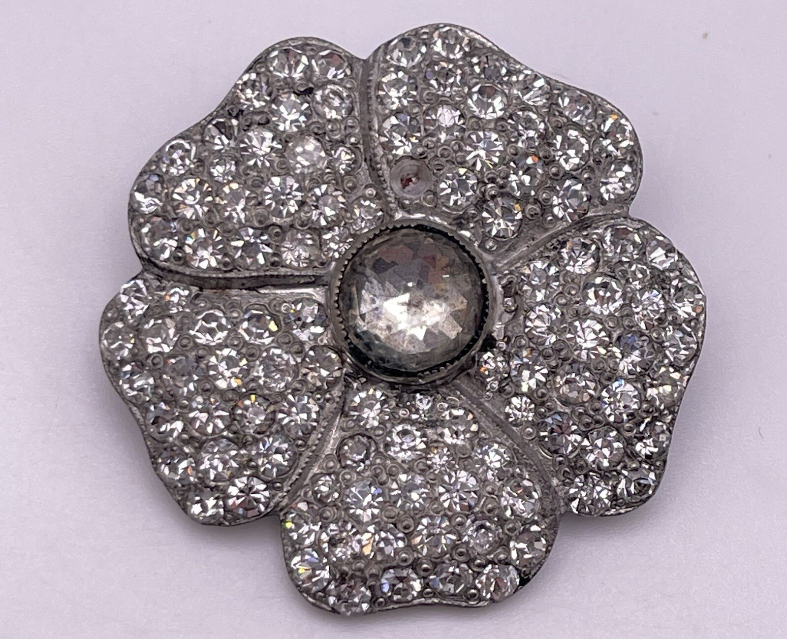 Vintage Pewter w Clear Rhinestones Flower Shaped Brooch Pin