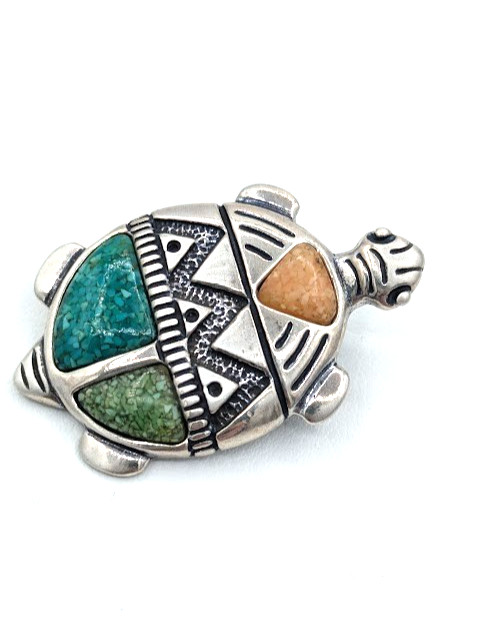 Vintage Turtle Pin CAROLYN POLLACK Sterling Turquoise Inlay Pendant