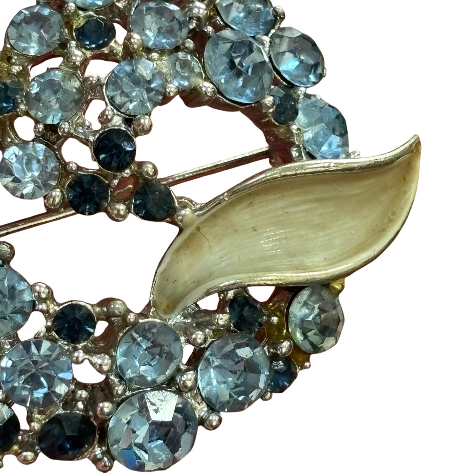 Vintage Mid Century BSK silver brooch lite dark blue rhinestones enamel finish
