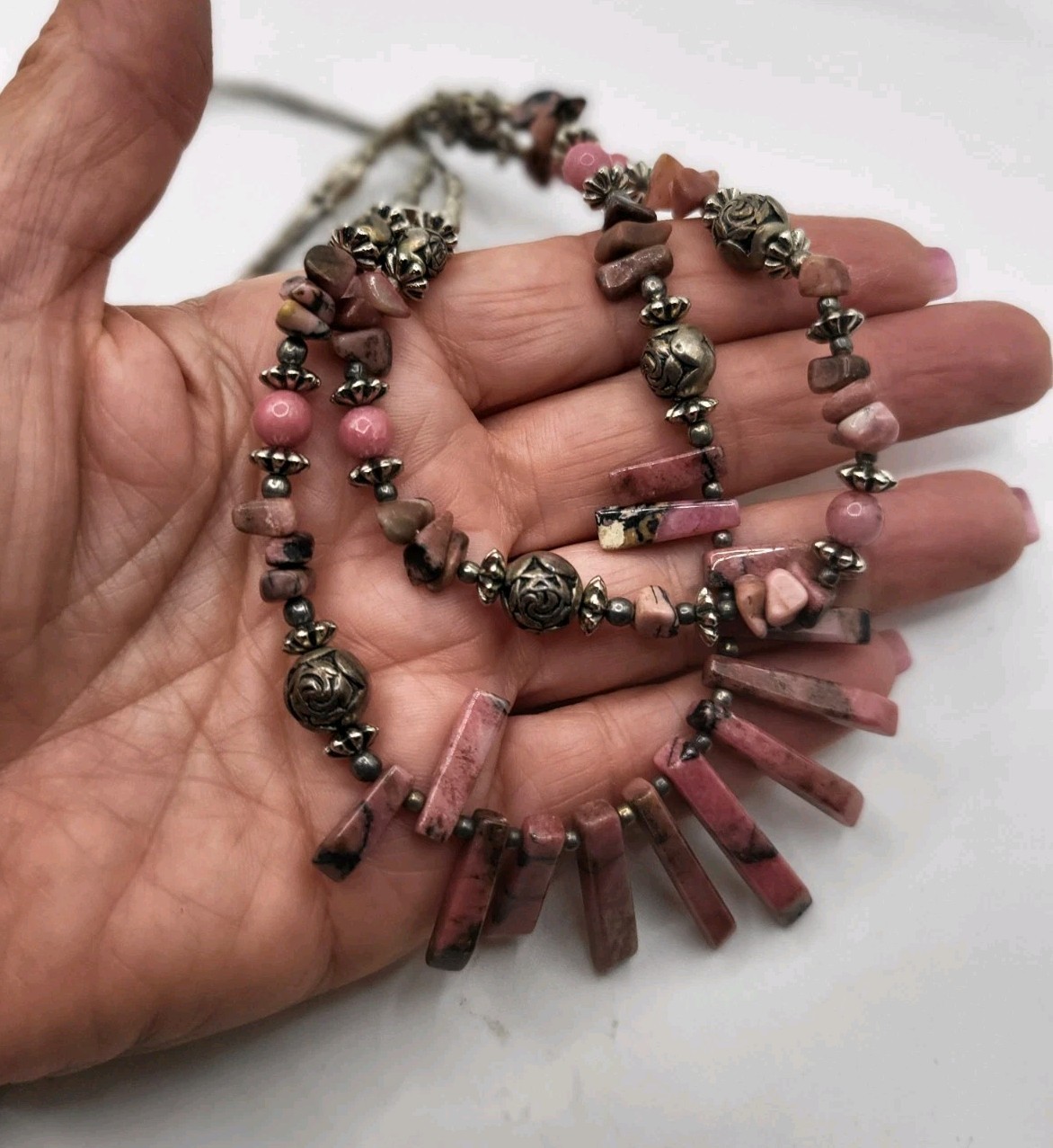 Pink Rhodonite Double Stranded Beaded Graduated Spike Goldtone Boho Necklace