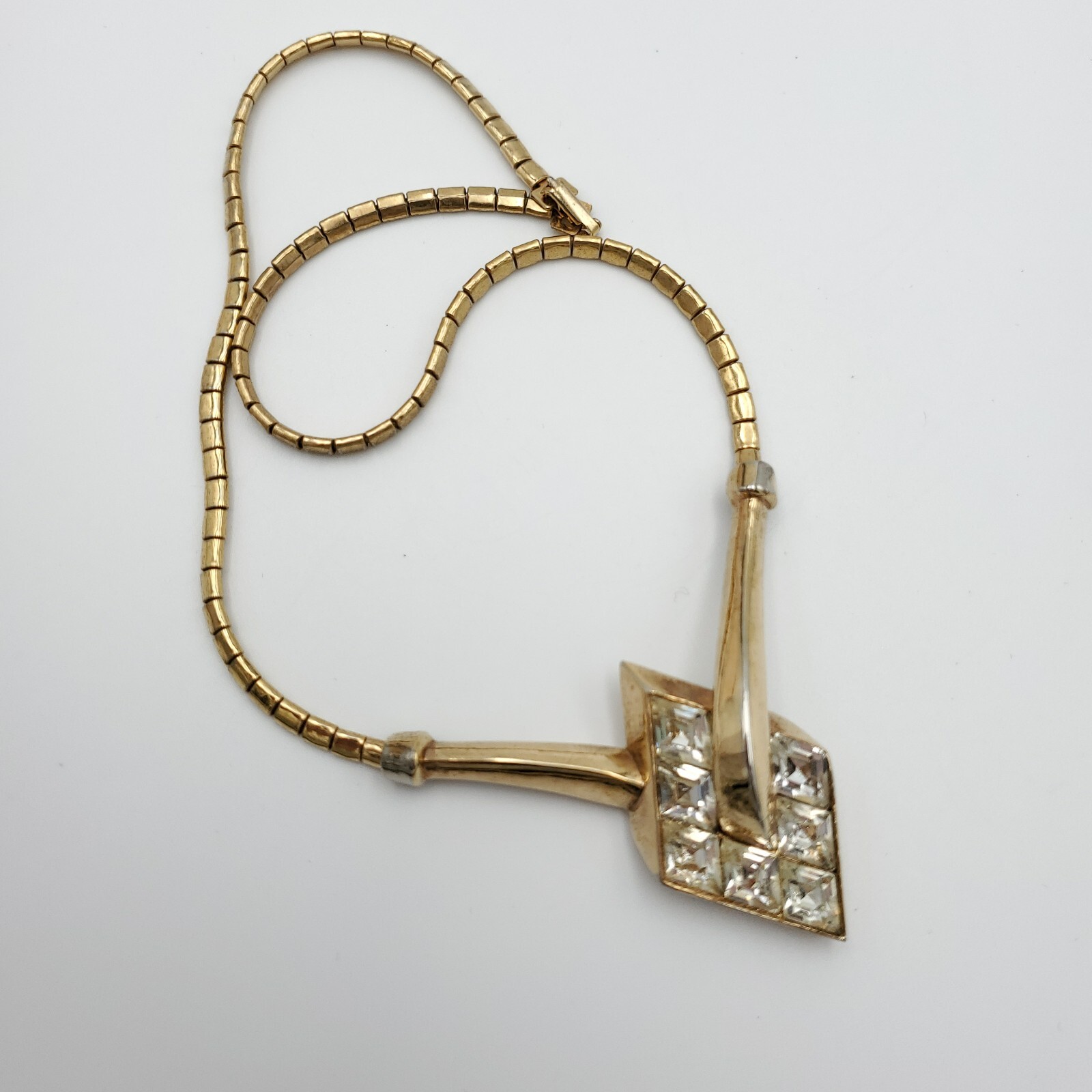 Trifari Alfred Philippe Gold Necklace Clear Rhinestone Lozenge Choker Channel