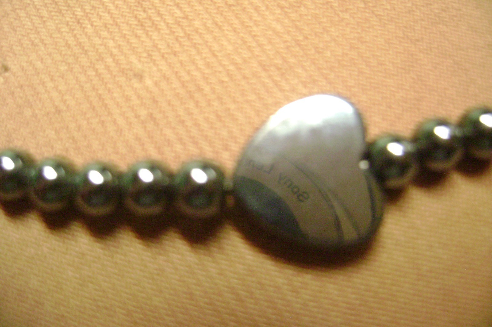 VINTAGE HEMATITE GREY HEART, ROUND BEADED 20″ LENTH NECKLACE- FILIGREE CLASP