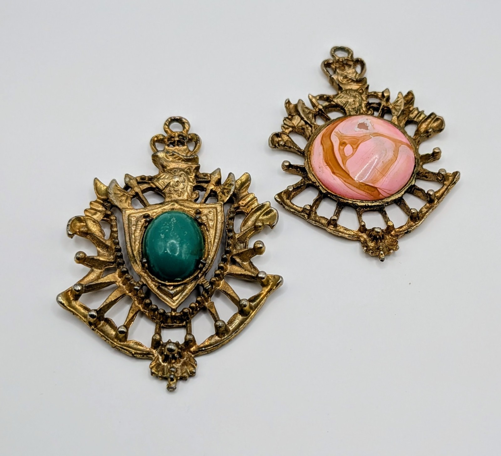 Vintage Heraldic Crown Lion Crest Pendant Lot Gold Tone Teal Green Pink Marbled