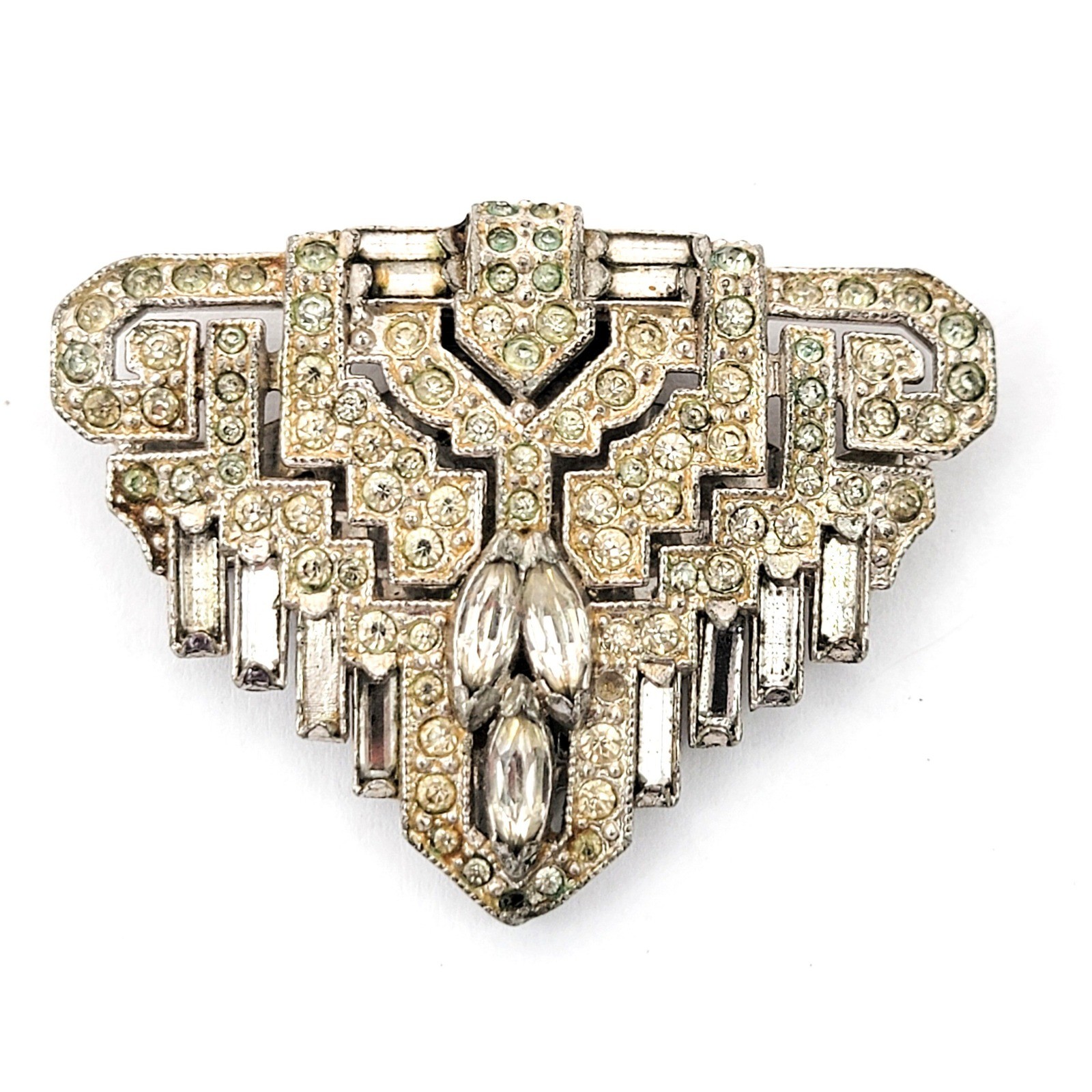 1930s Art Deco Rhinestone Dress Clip Brooch Pave Baguette Marquise Geometric