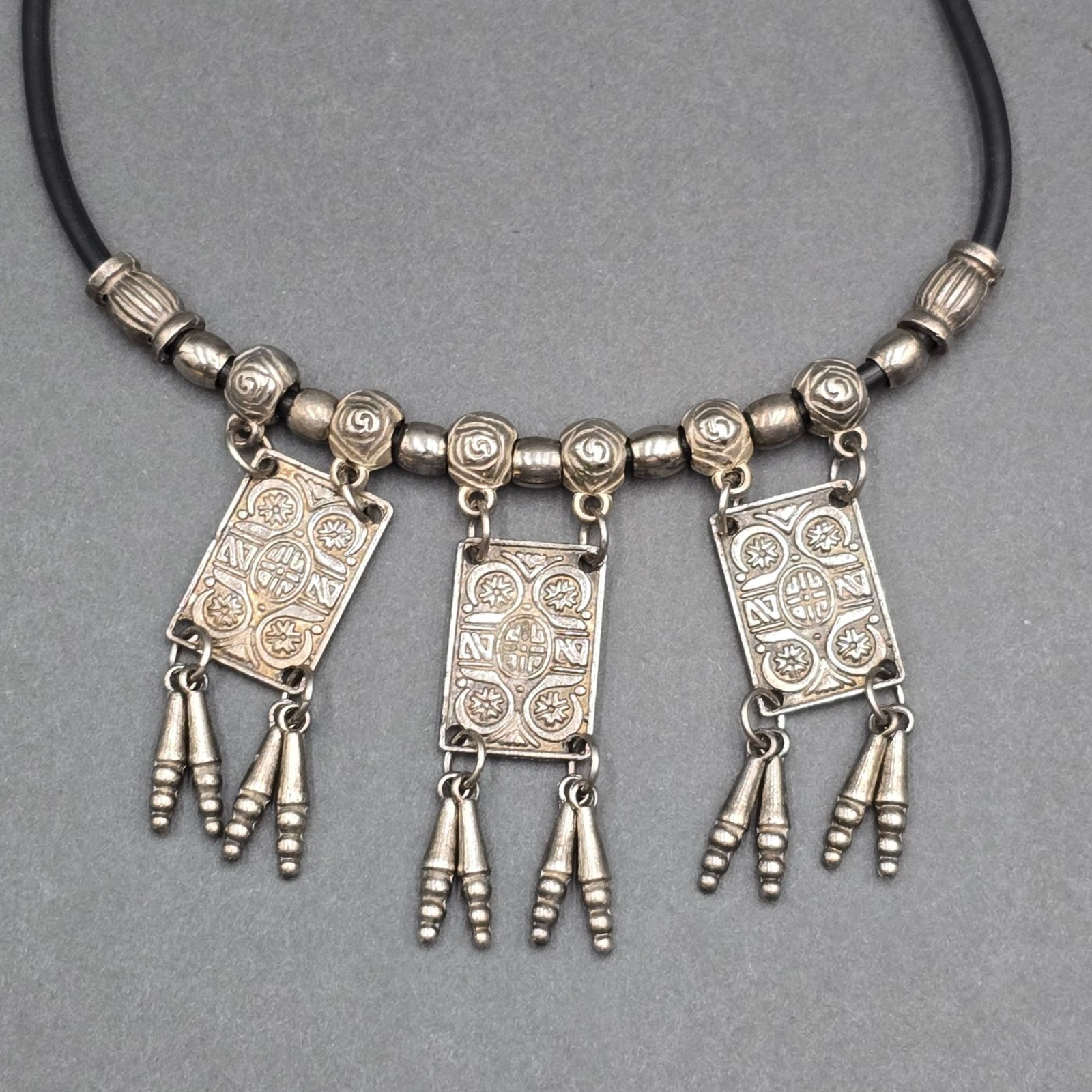 Vintage Tribal Panel Fringe Necklace Silver Tone Leather Cord Boho Statement