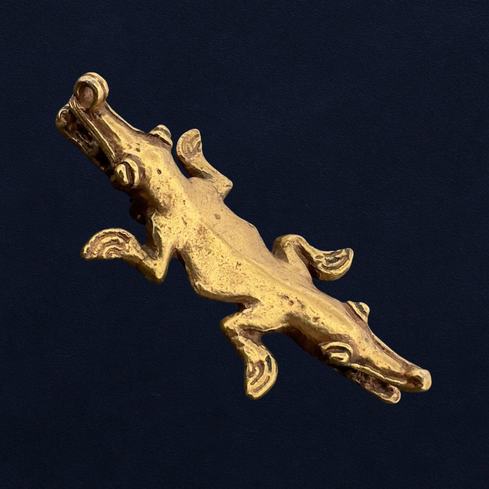 Vintage SIGNED 🖤 ALVA STUDIOS Reproduction Brass AZTEC ALLIGATOR GOD Brooch Pin