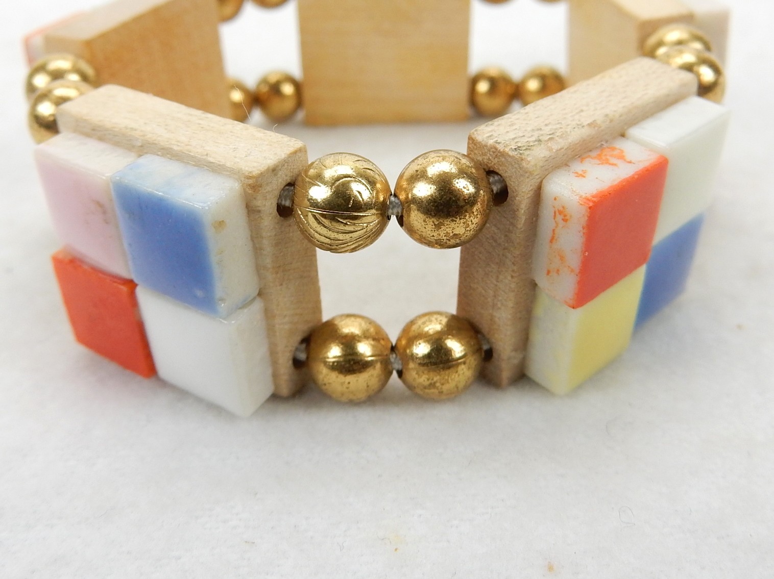 Vintage Costume Jewelry, Wood and Ceramic Tile Retro Bracelet, UNIQUE BCLT-11
