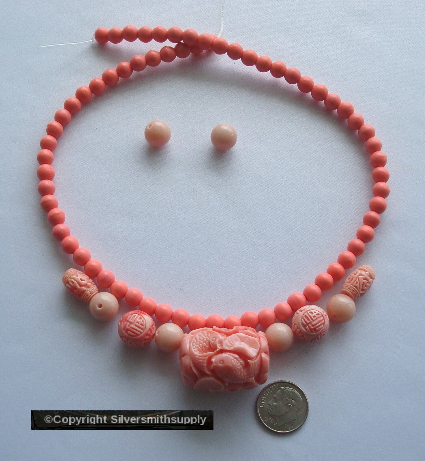 5 Carved Angel Skin Faux Coral Beads Huge 30x22mm Center 68pcs 6mm 16″ KIT012