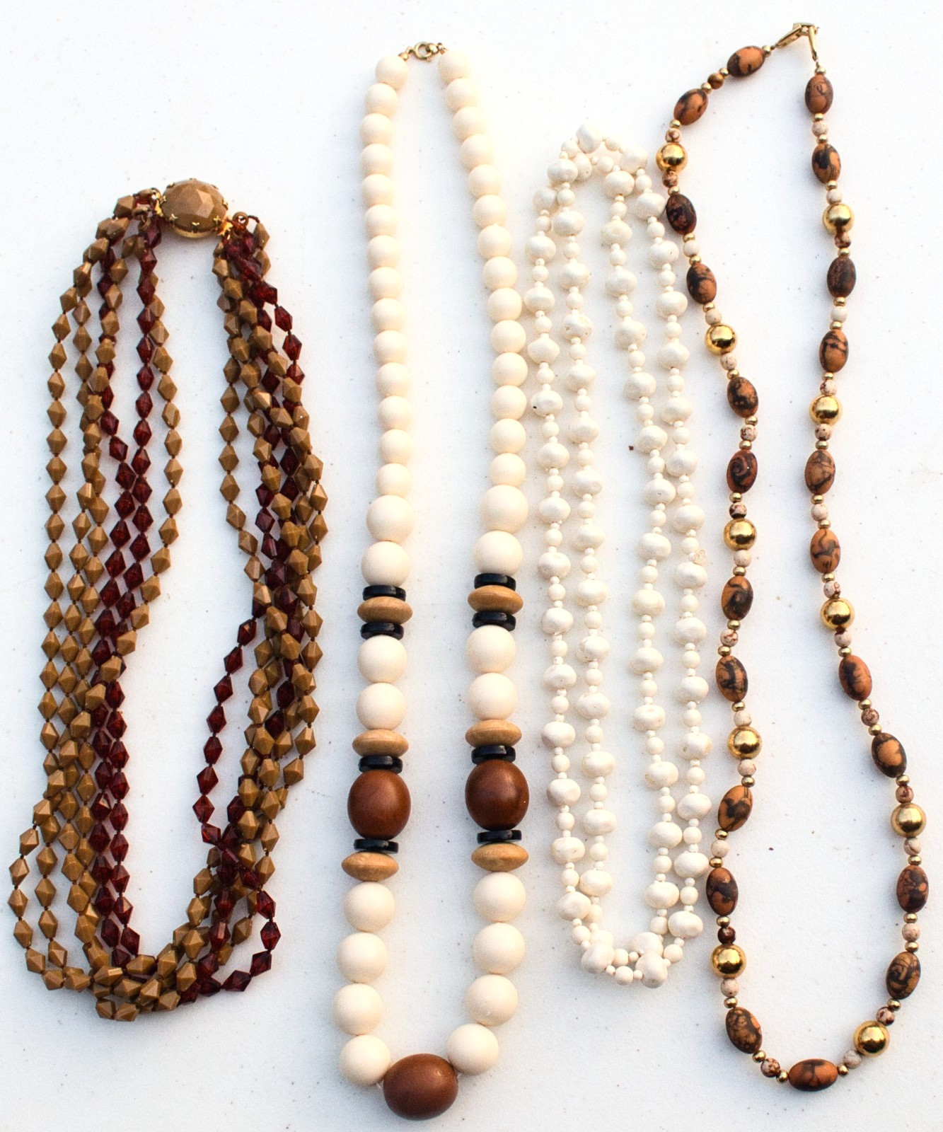 Vintage to Now Lot of 4 Off-White & Brown Bead necklaces – 1 signed Napier