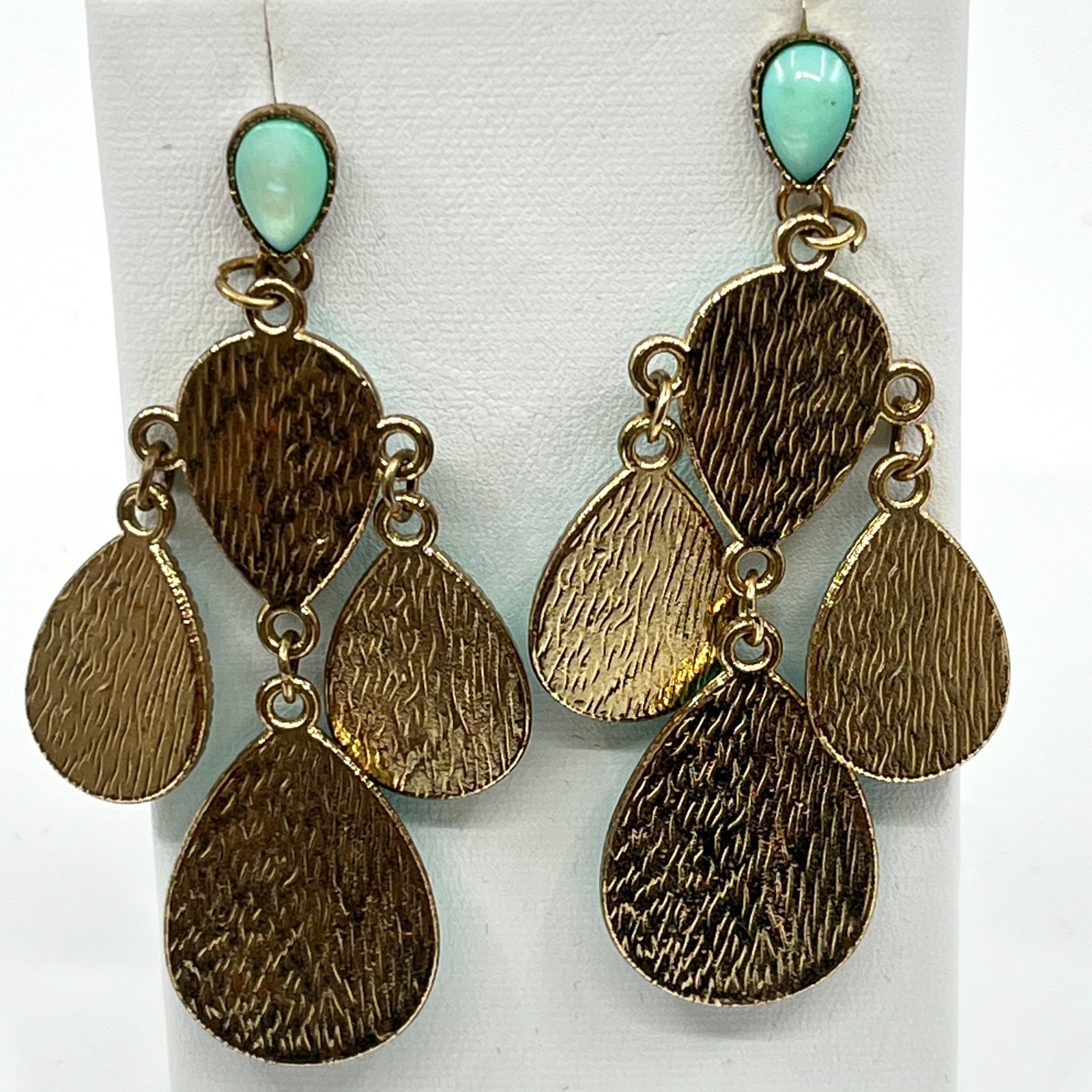 Vintage Boho Gold Tone Teal Faux MoP Teardrop Chandelier Blue Dangle Earrings
