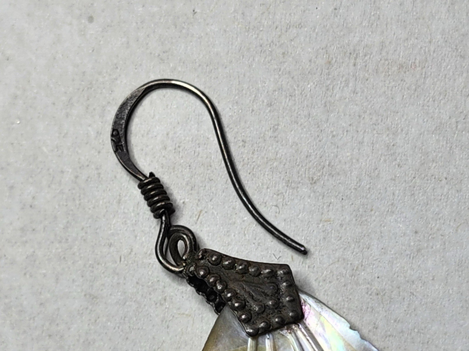 Vntg Sterling Silver Abalone Paua Fan Wings Dangle Drop Earrings Boho Fairy