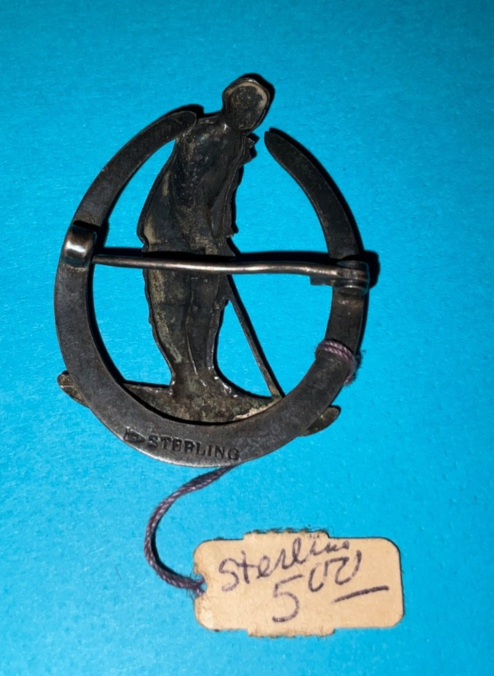 Vtg Hickok Sterling Silver Golfer Brooch Medallion Pin 1040’s w/Original Tag