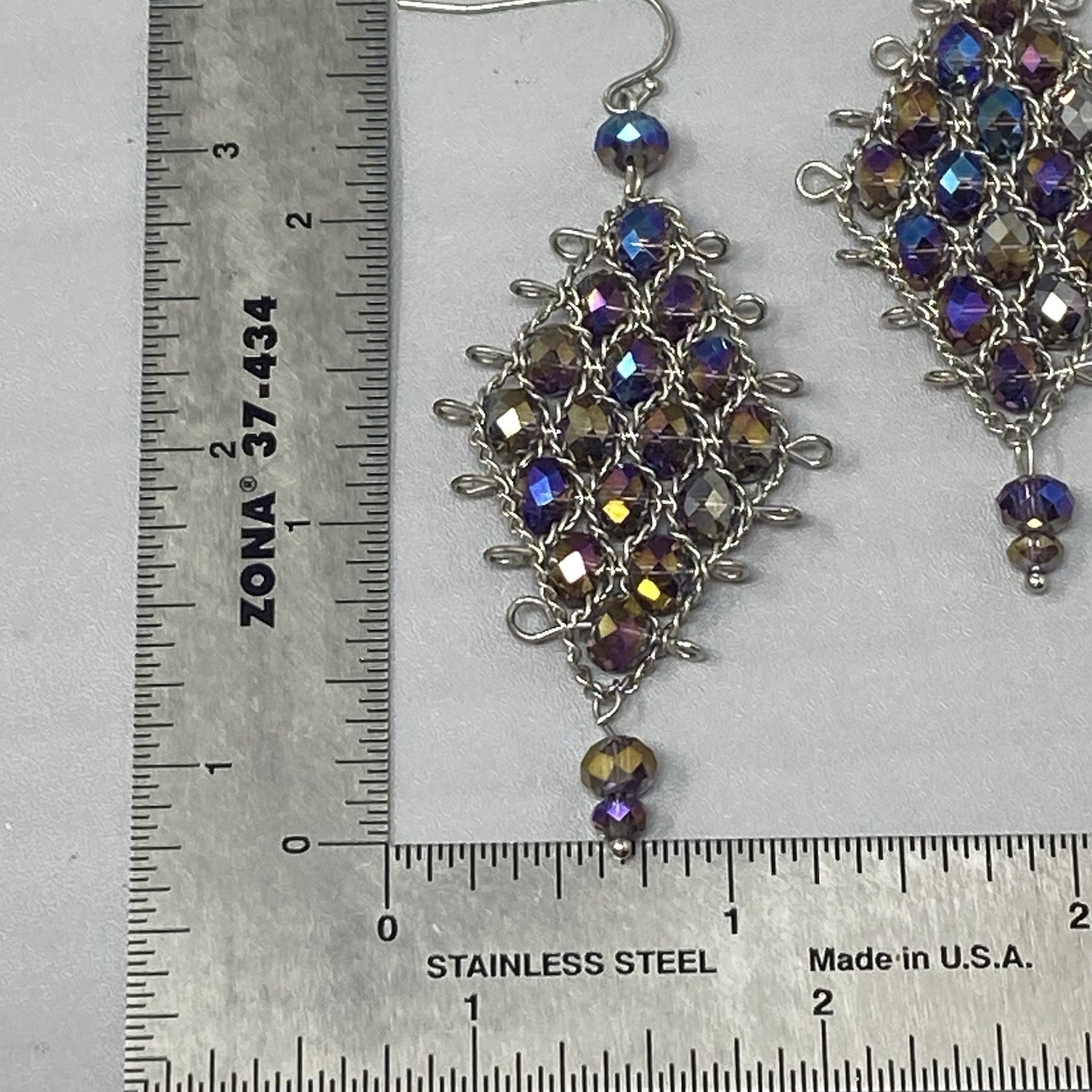 Purple Chandelier Dangle Earrings Pierced Peacock Surface Coated Wire Woven 3″
