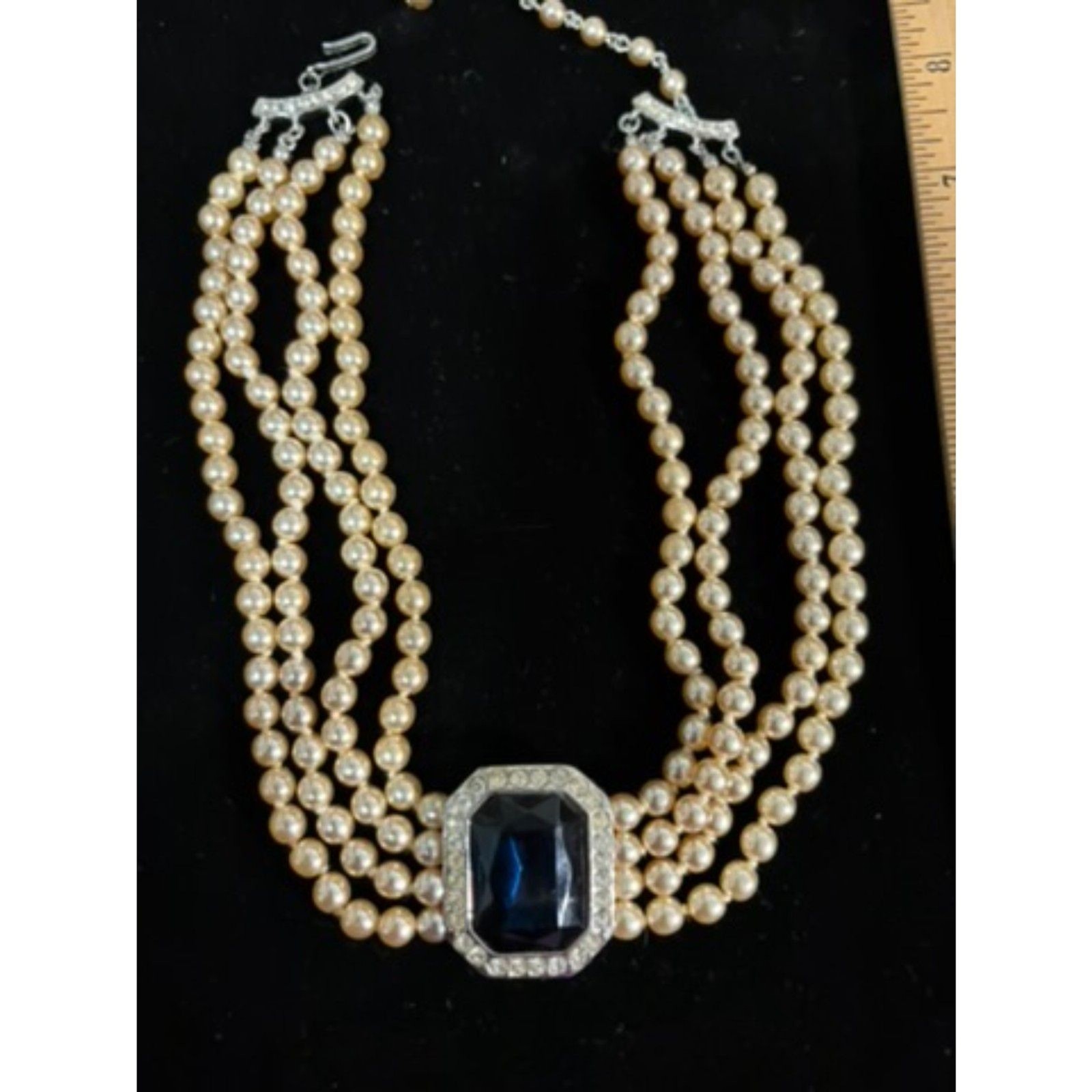 Kenneth Jay Lane Signed, 4 Strand Faux Pearl Choker with Central Sapphireed Ear