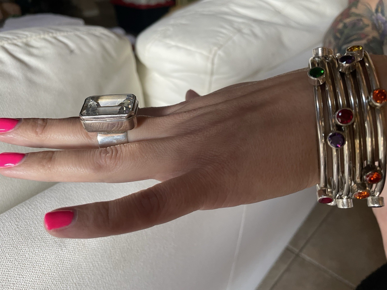 HARLENE KOREY KALIBRE Large Emerald Shaped Crystal Stone Ring On Wide Band