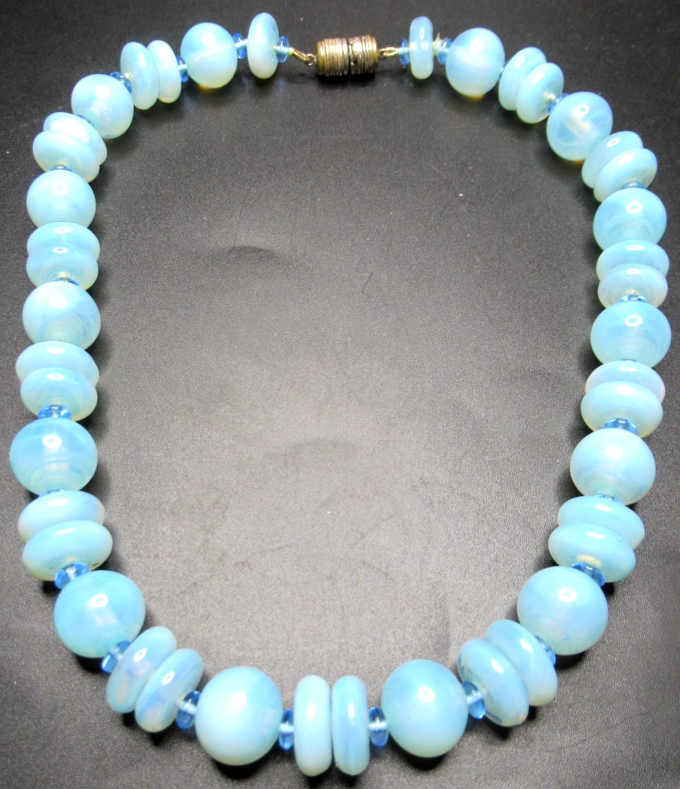 Amazing Blue Moonglow Glass Beaded FRENCH Vintage Necklace