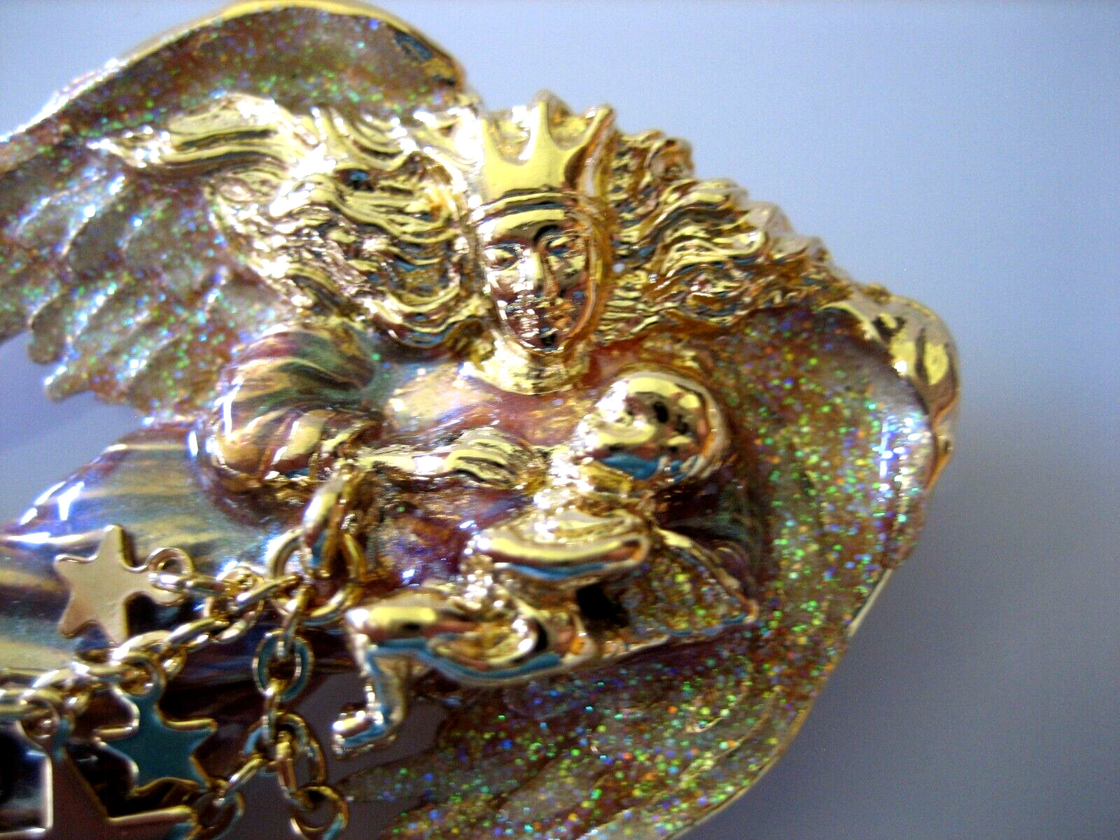 VINTAGE KIRKS FOLLY GUARDIAN ANGEL W/BABY ENAMEL STARS GLITTER BROOCH PIN
