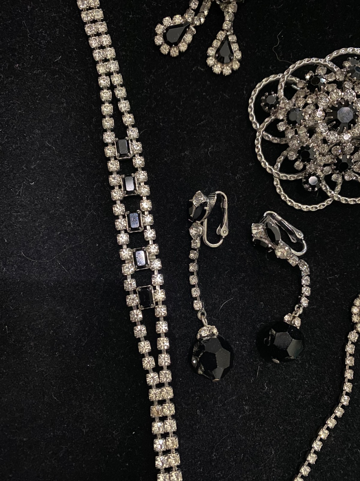 Vintage MCM Black White Clear Rhinestone Jewelry Lot 6 Brooch Bracelets Earrings