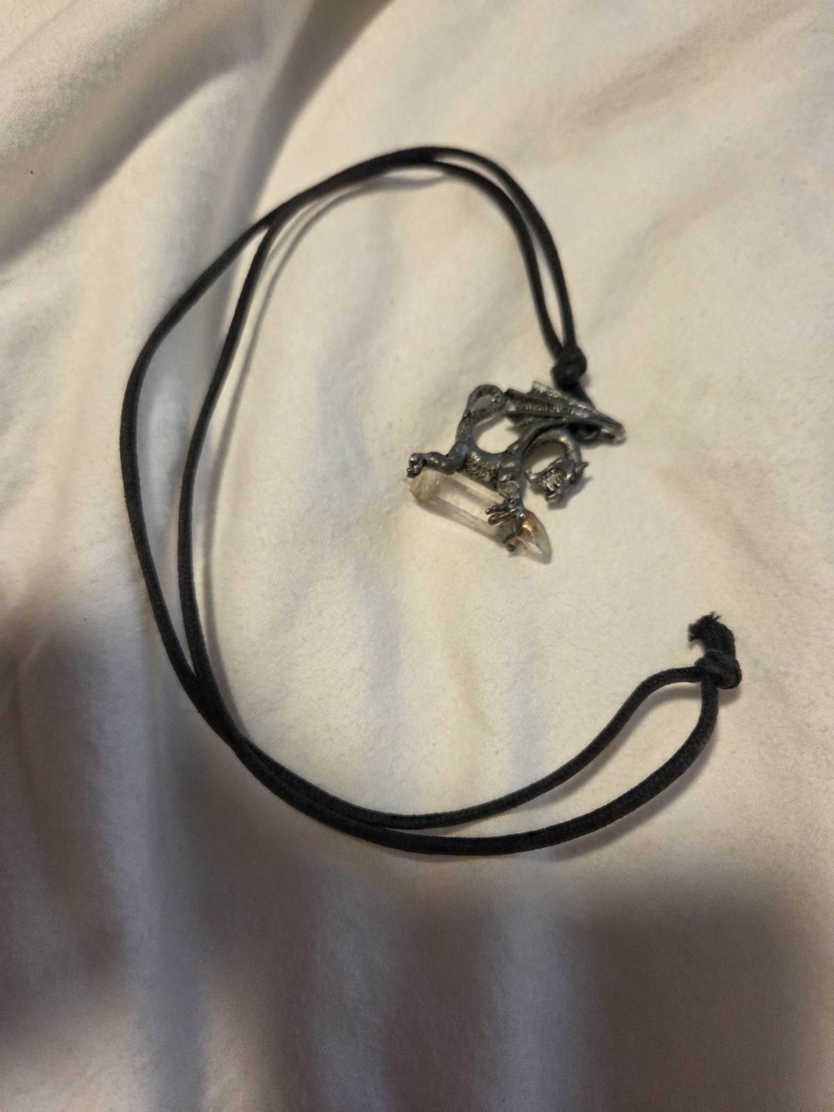 Vintage Pewter Dragon Holding Crystal Pendant Handmade