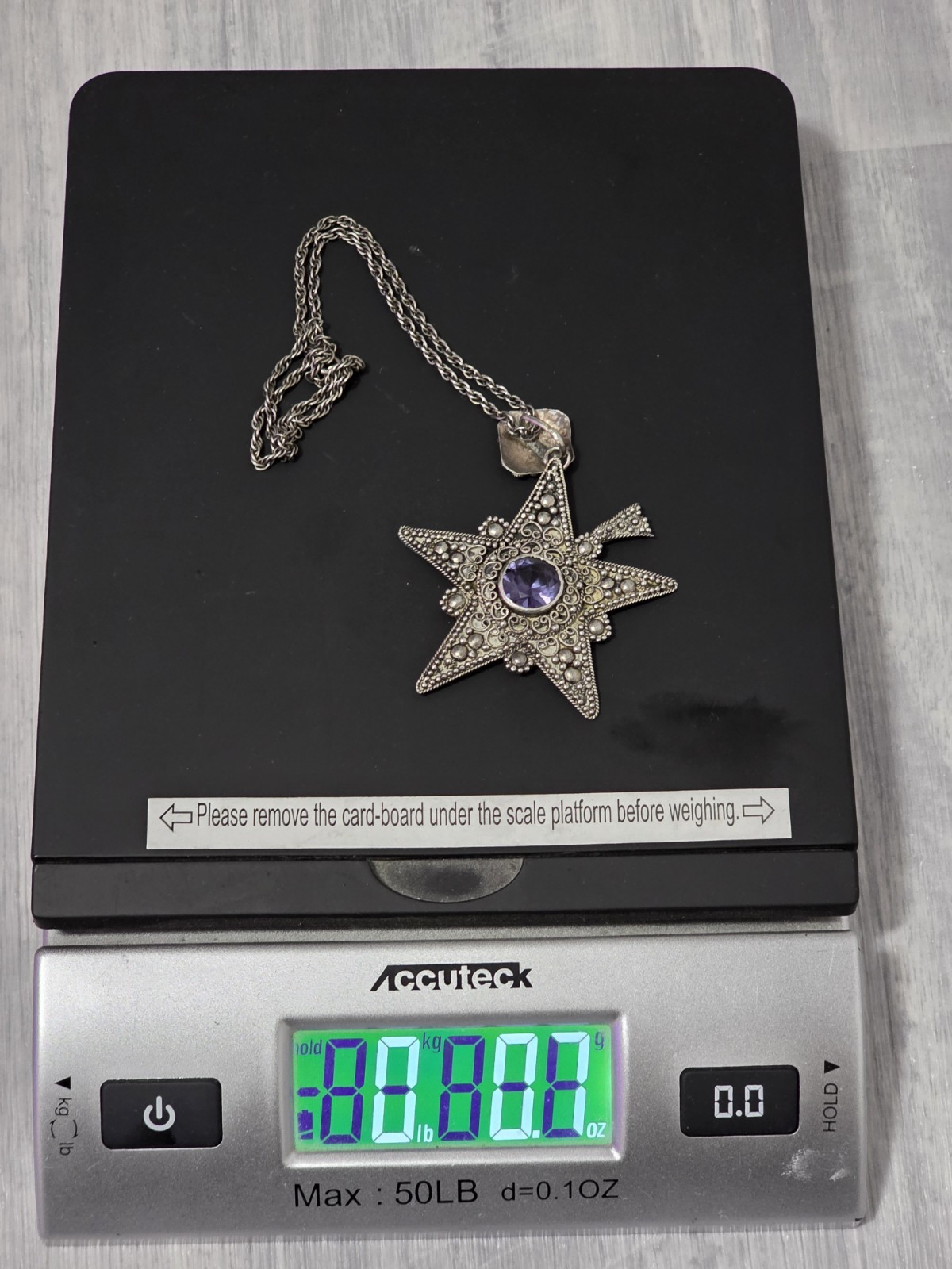 Vintage Jerusalem 980 Silver Star Pendant Necklace Amethyst Stone Antique Rare