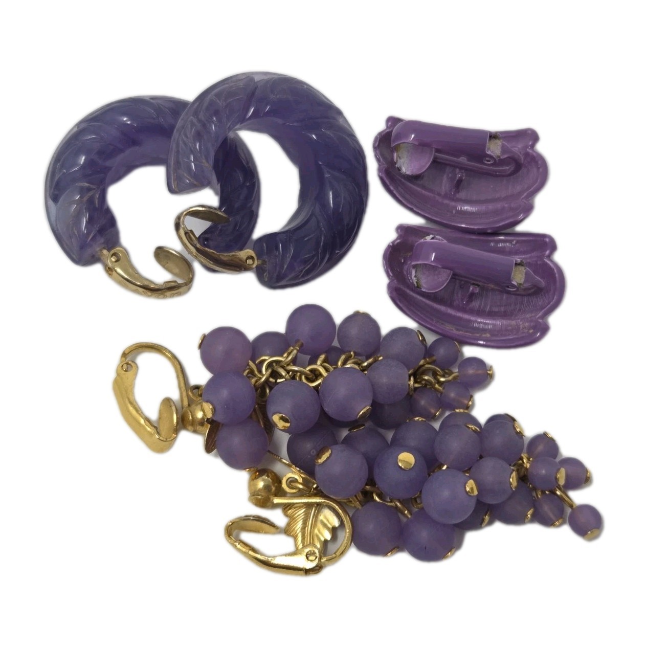 Three Pairs Purple Vintage Clip-on Earrings Grapes Bunch Dangles Hoops Enamel