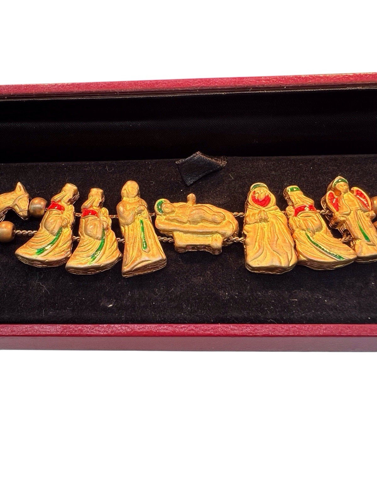 Christmas Nativity Gold-Tone Enamel Charm Slide Bracelet Signed Two Sisters WB