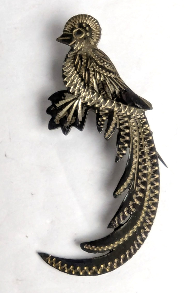 Vintage Guatemala Quetzal Bird 900 Sterling Silver Pin Brooch Hand Etched 2″