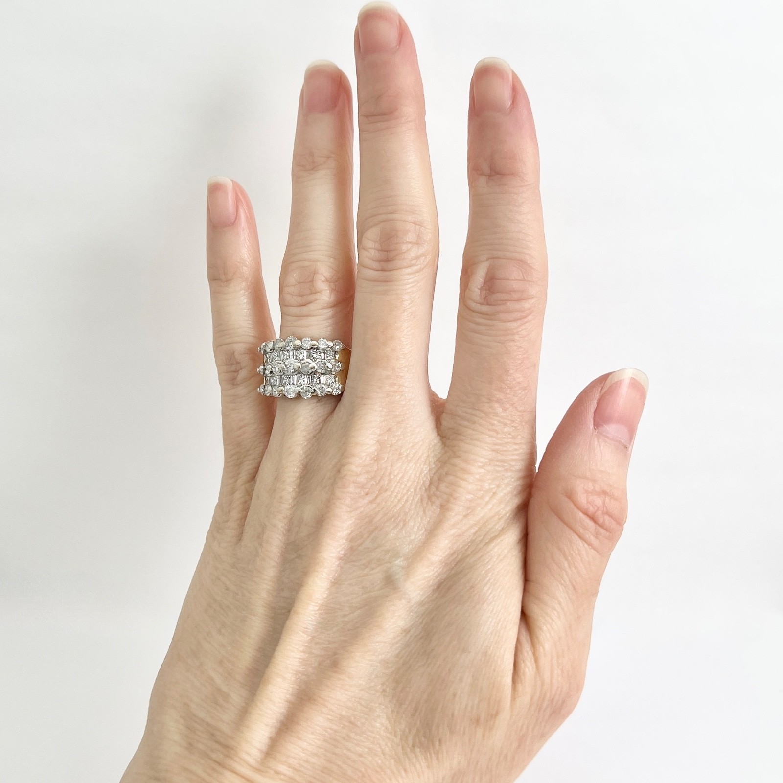 Vintage Wide Two-Tone Multishape Diamond Ring 14K White Yellow Gold, 8.88 Grams