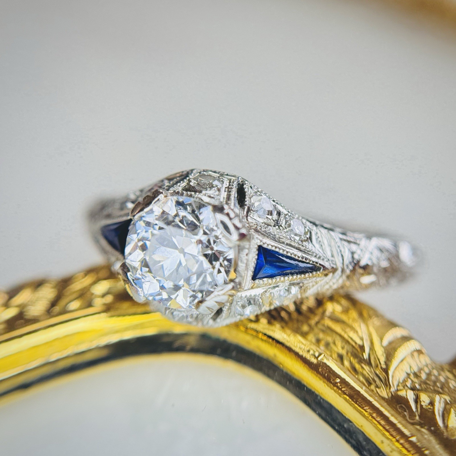 Art Deco Old European Cut Diamond Sapphire Engagement Ring