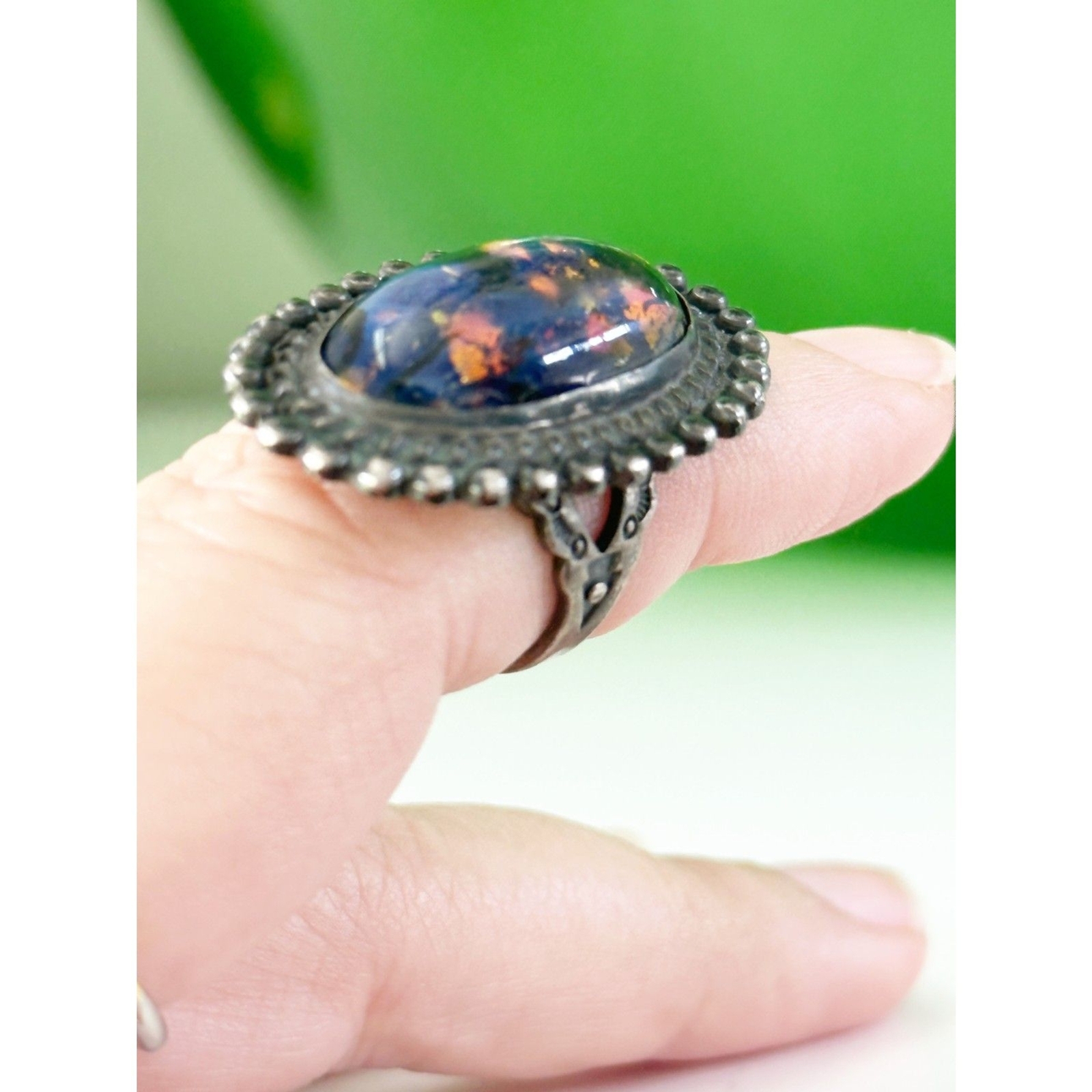 Vintage Mexico Dichroic Glass Sterling Silver Ring Foil Art