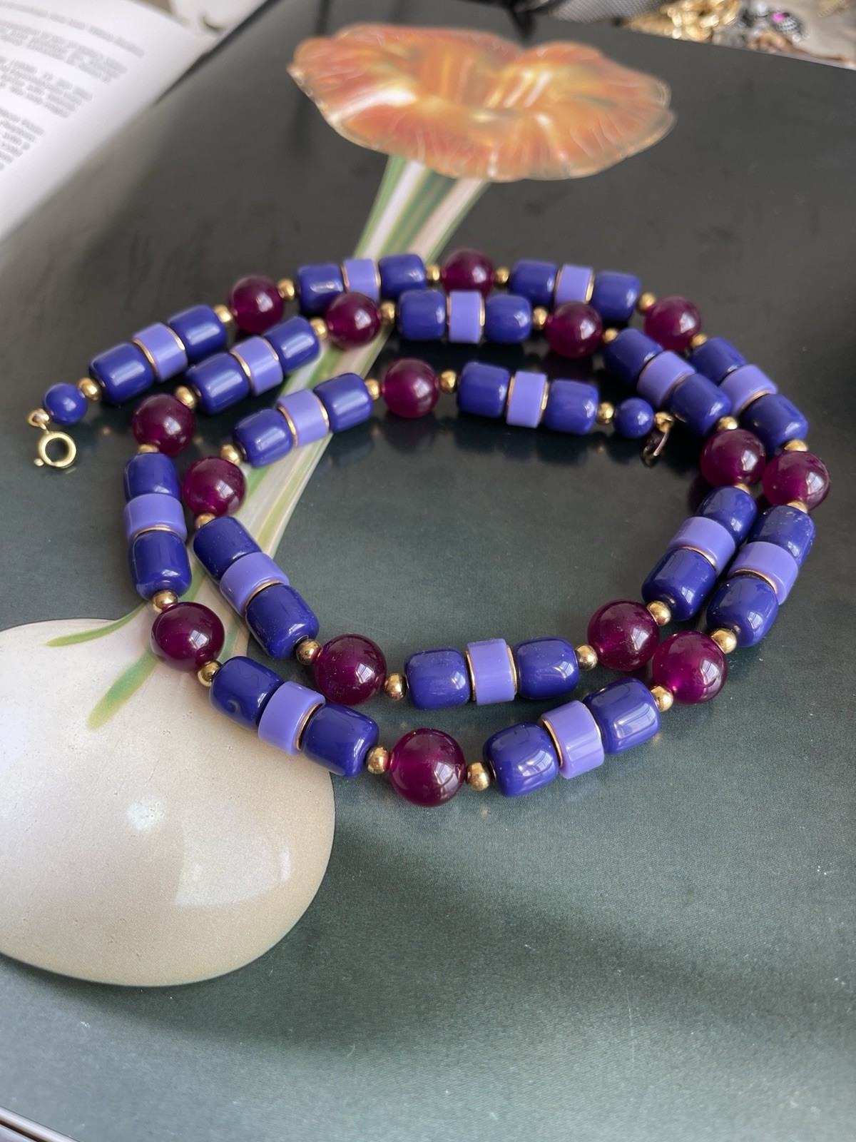 Vintage Signed Trifari Blue &Purple Beaded Necklace