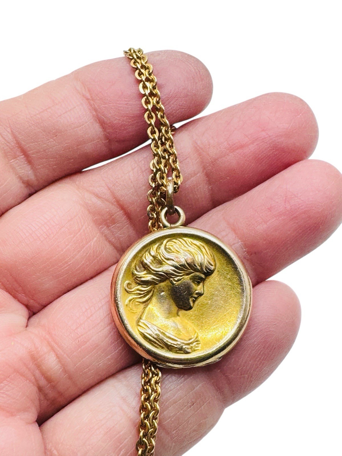 Antique Art Nouveau Rolled Gold Locket Necklace Lady Portrait