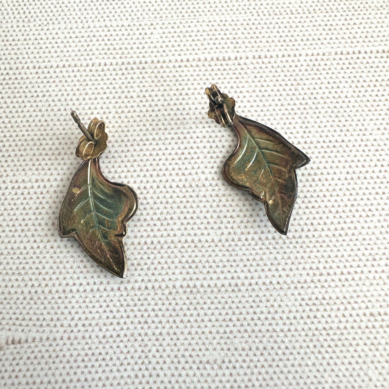 1950s Sterling Silver Green Enamel Leaf Earrings Gold Wash Two Tone Post Backs