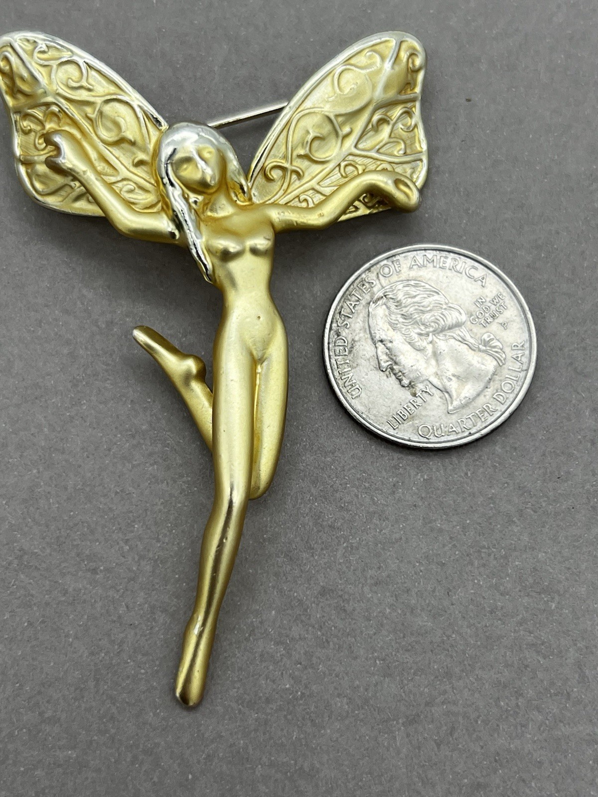 Vintage Fairy Brooch Matte Gold Tone Pixie Pin Whimsical Fantasy Jewelry