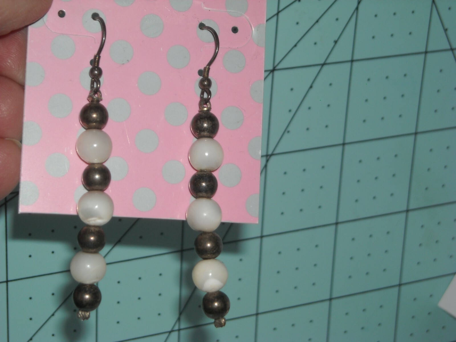 vintage sterling silver mother of pearl hand made dangle earrings 70’s almost 2″
