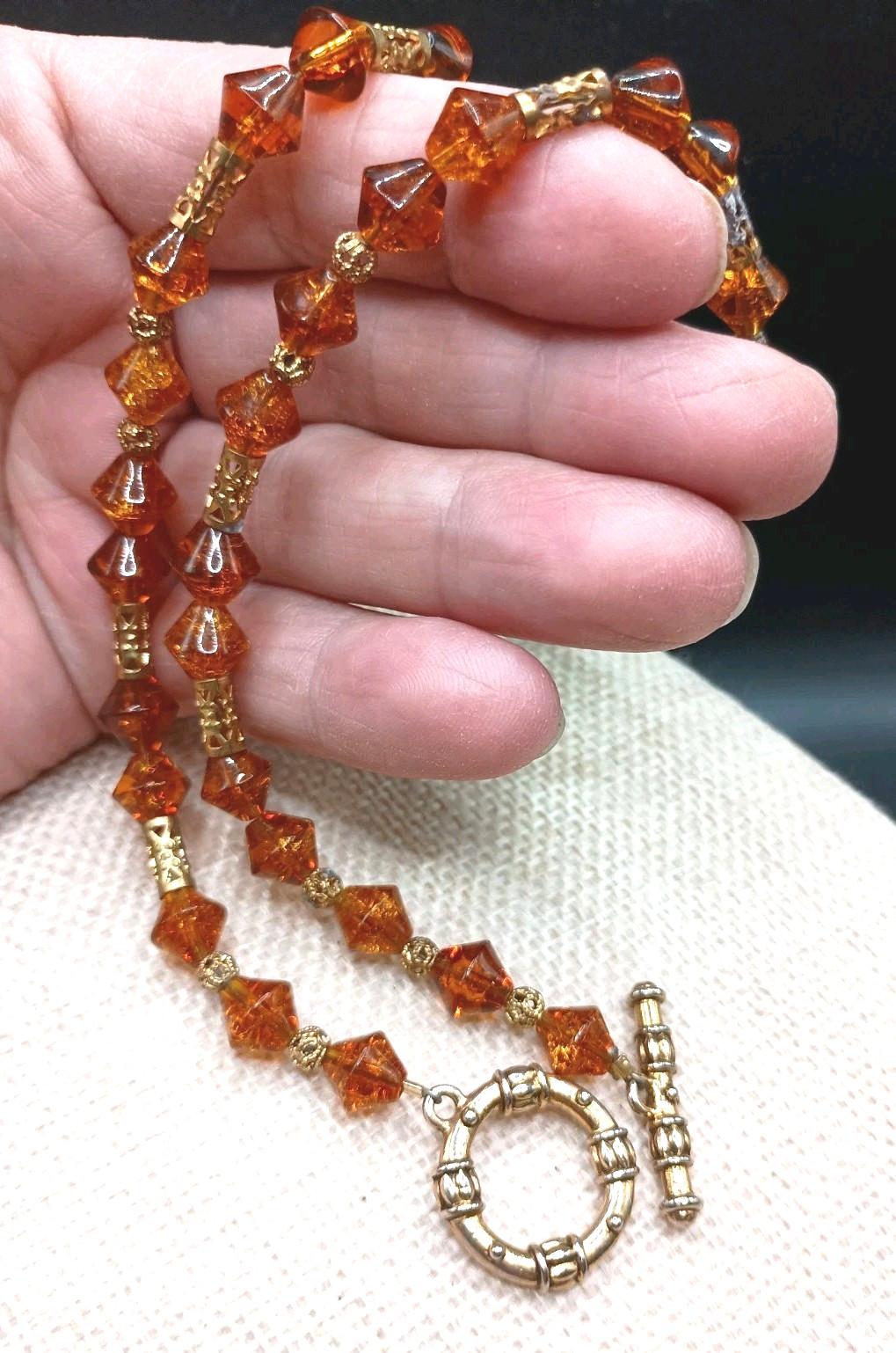 Vintage Orange Bicone Beaded Necklace Gold Tone Accents 22″