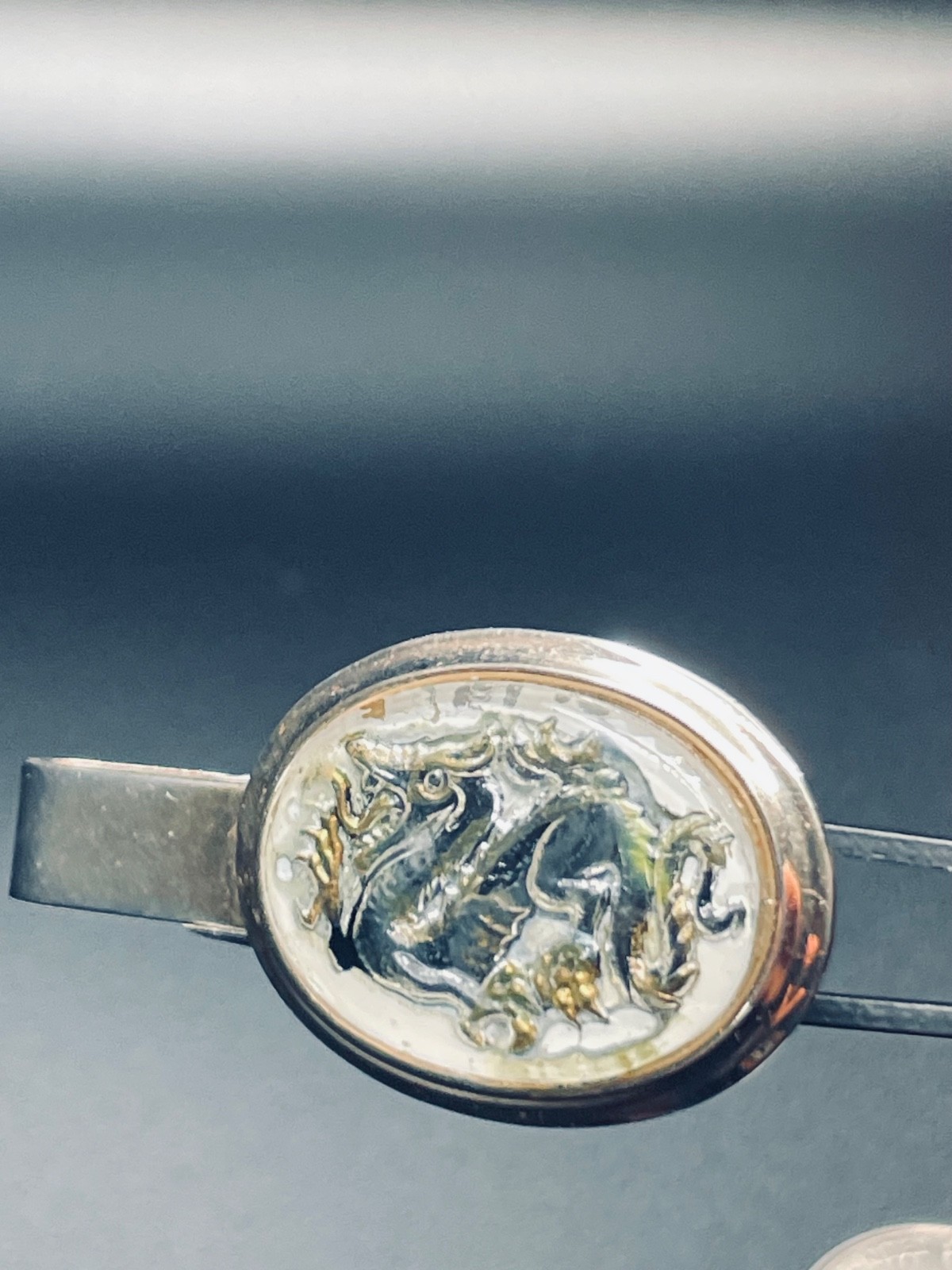 Vintage Dragon Cufflinks Tie Clip Set Reverse Painted Mid Century Intaglio