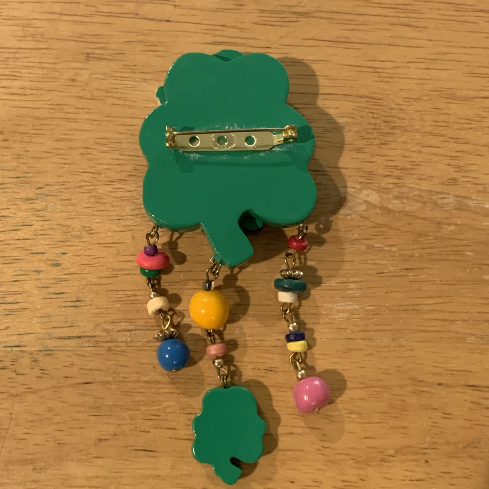 Wooden St Patrick’s Day Leprechaun Shamrock Dangle Charms Brooch