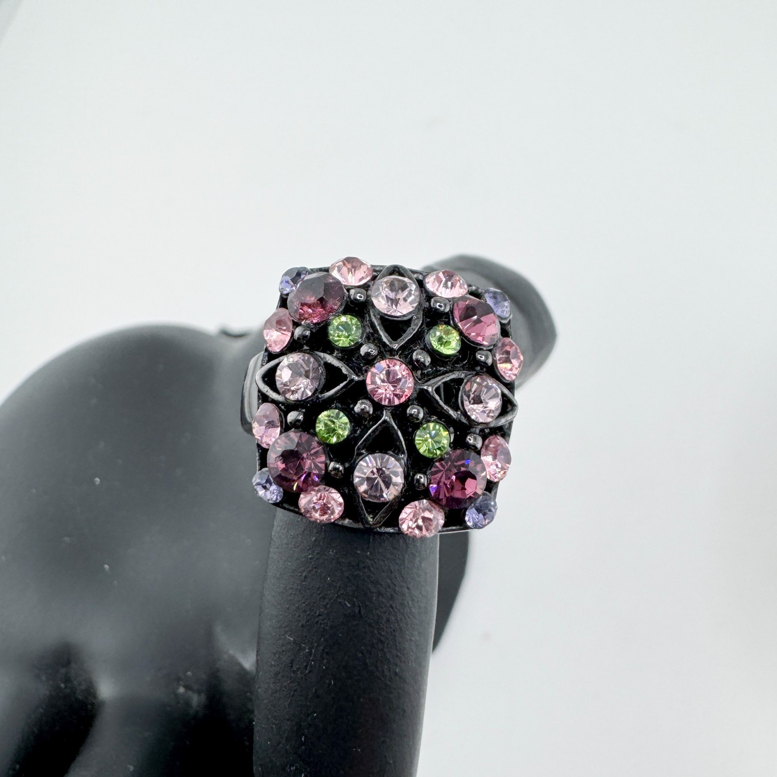 Vintage Black Gunmetal Rhinestone Ring Pink Green Purple Floral Cocktail Retro