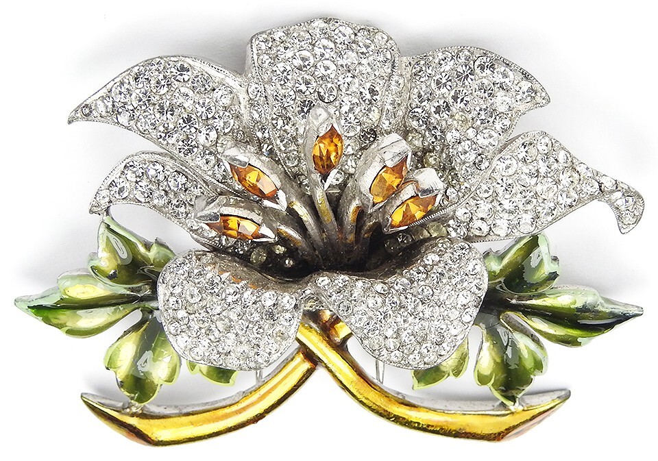 Dujay Pave and Metallic Enamel Orchid with Topaz Stamens Flower Pin Clip