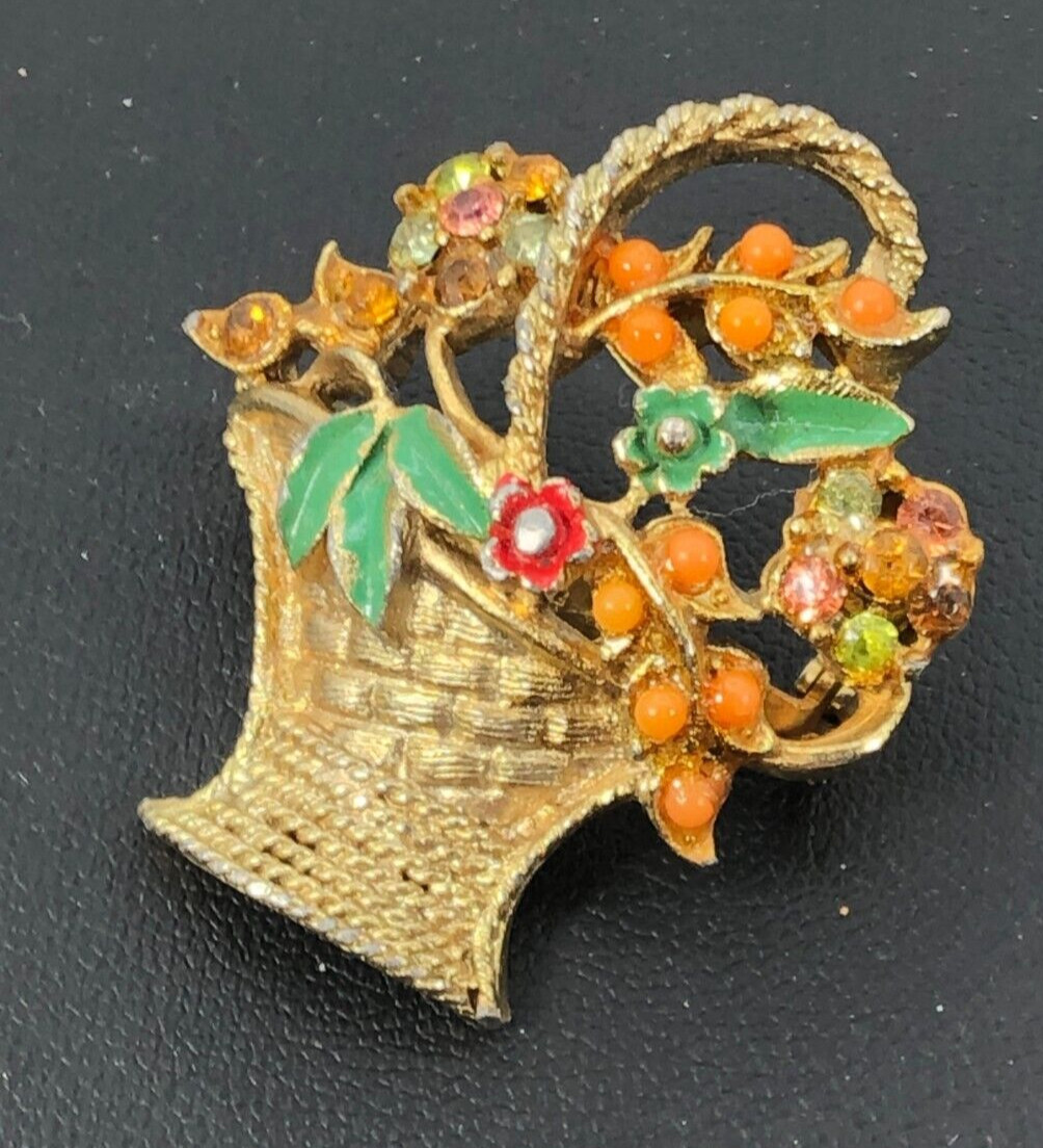 Vintage Flower Basket Brooch Pin Gold Tone Multicolor Rhinestones Enamel Coro??
