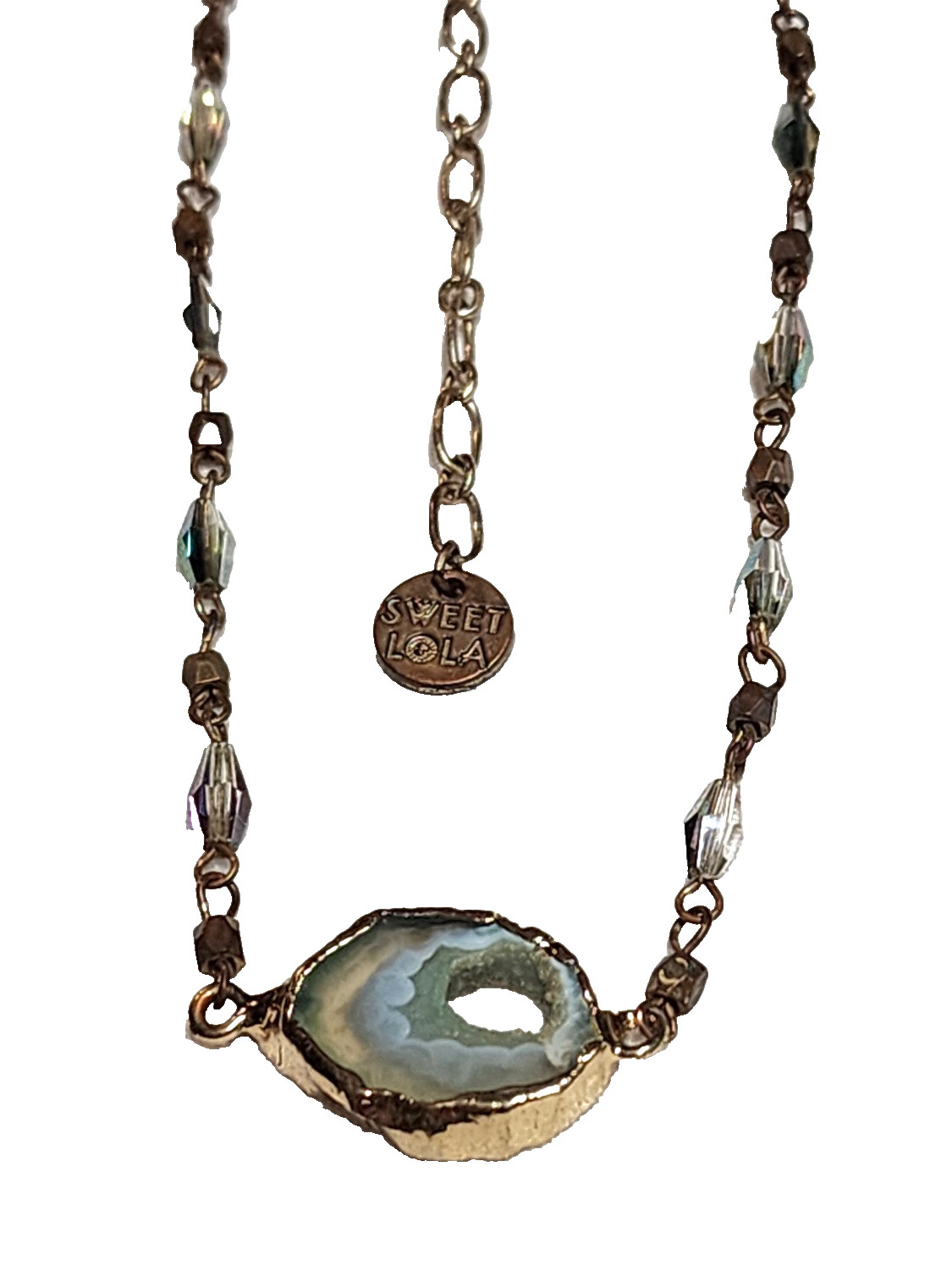 Vintage Sweet Lola Brass Blue Green Beaded Geode Pendant Necklace 17″ Choker