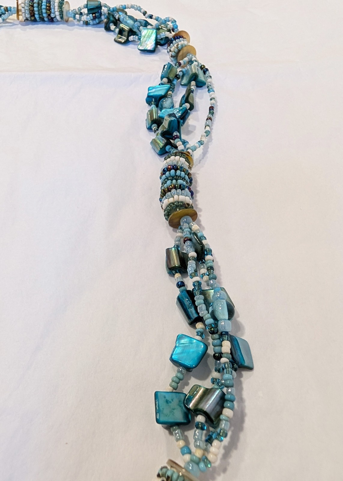 4 Strand Layered Necklace with Blue Dyed Abalone MOP and Glass Beads 30.5 inches