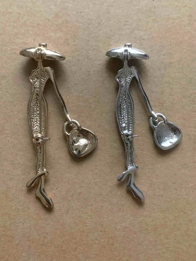 Set of (2) Vintage White & Black Enamel Lady Fashion Brooches