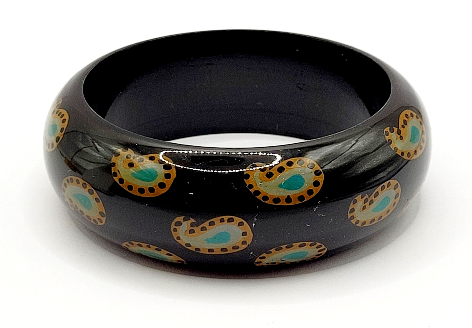Paisley on Black Vintage Wide Chunky Vintage 1980s Acrylic Bangle Bracelet 8 In